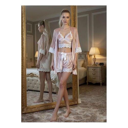 Pudra Kadife Dantelli Sabahlık & Gecelik Takım 3' Lü - 1438