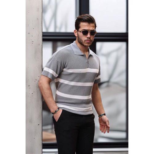 Yarım Fermuar Çizgili Oversize Triko T-Shirt - Gri