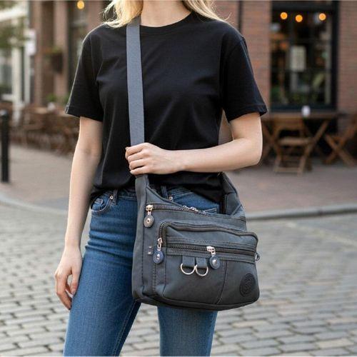 Fiyra ç2 Gri Beş Gözlü Krinkıl Kumaş Bayan Çapraz Omuz Çanta