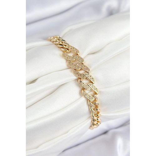 Pirinç Zirkon Taşlı Ezme Küba Zincir Model Gold Renk Kadın Bileklik