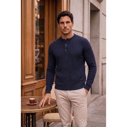 Bergamo %100 Akrilik Henley Yaka Saç Örgülü İnce Erkek Triko Kazak - İndigo
