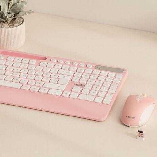 Kablosuz Klavye Mouse Seti - Telefon & Tablet Standlı (Beyaz/Pembe)