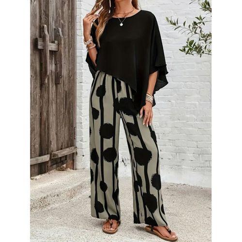 Kadın Truvakar Kol Bisiklet Yaka Asimetrik Dikişsiz Sandy Pelerin Bluz Ve Desenli Pantolon Ikili Takım