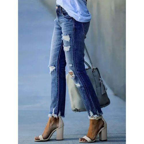 Kadın Dar Kesim Cepli önden Yırtık Desenli Denim Pantolon