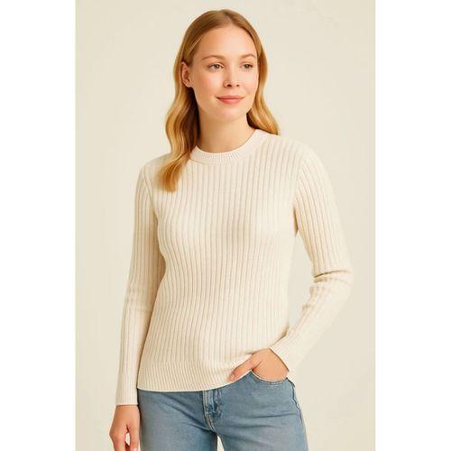 Bisiklet Yuvarlak Yaka Triko Kazak Pamuklu Kalın Fitilli Dokuma, Regular Fit Uzun Kollu Kışlık Model - Bej