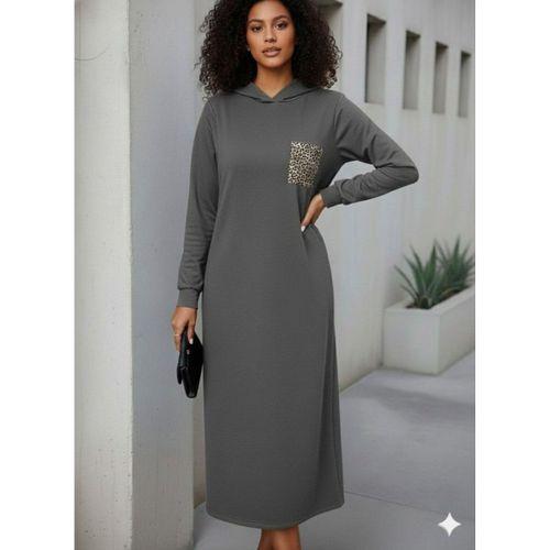 Kadın Uzun Kollu Kapşonlu Cep Detaylı Viskon Iki Iplik Maxi Elbise