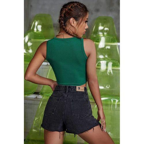 Kadın Yeşil Kare Yaka Crop Top Bluz