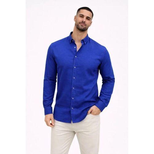 Erkek KETEN Kumaş Oversize Uzun Kollu Rahat Kalıp Gömlek - Saks Mavisi