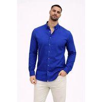 Erkek KETEN Kumaş Oversize Uzun Kollu Rahat Kalıp Gömlek - Saks Mavisi