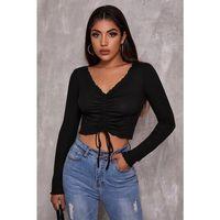 Kadın Siyah Uzun Kollu Büzdürme Bağcık Detaylı Crop Top Bluz
