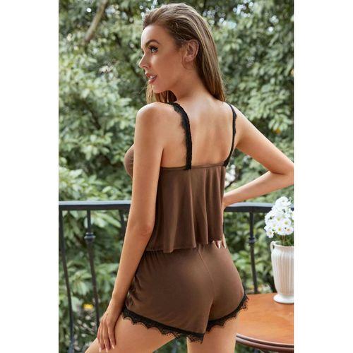 Kadın Kahverengi Dantelli Şortlu Pijama Takımı
