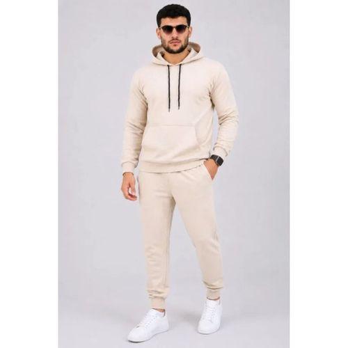 Erkek İki İplik Kapüşonlu Kanguru Cepli Sweatshirt Jogger Pantolon Alt Üst Eşofman Takımı -Bej
