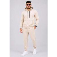 Erkek İki İplik Kapüşonlu Kanguru Cepli Sweatshirt Jogger Pantolon Alt Üst Eşofman Takımı -Bej