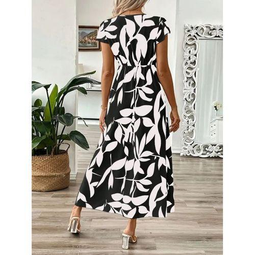 Kadın Kısa Kelebek Kollu Kruvaze Yaka Desenli Süprem Elbise