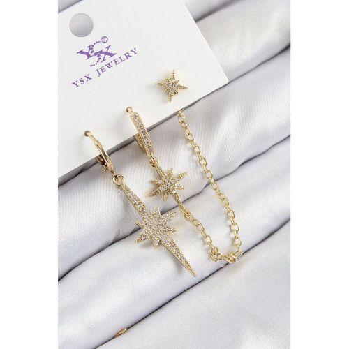 Pirinç Zirkon Taşlı 3'lü Kutup Yıldızı Model Gold Renk Kadın Küpe