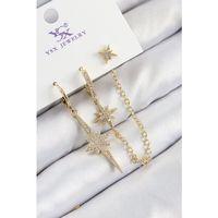 Pirinç Zirkon Taşlı 3'lü Kutup Yıldızı Model Gold Renk Kadın Küpe
