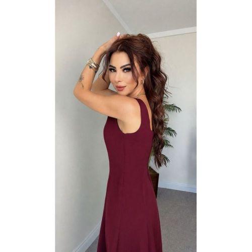 Kadın Askılı Kare Yakalı Kemersiz A şeklinde Gelen Uzun Ithal Krep Elbise