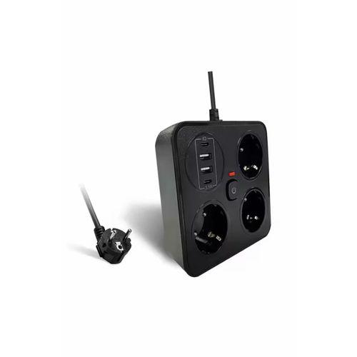 Akım Korumalı Anahtarlı Priz - 3x Priz - 2x Usb - 2x Type-c - 2 Mt Kablo Hızlı Şarj Özellikli Siyah