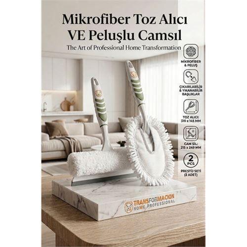 2'li Profesyonel Temizlik Seti - Yıkanabilir Mikrofiber Toz Alıcı ve Peluşlu Camsil 723097