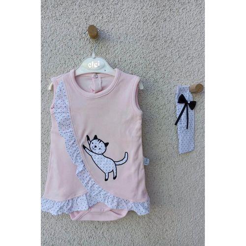 Kız Bebek Pembe Kedili Fırfırlı Bandanalı Badi