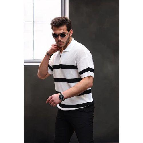 Yarım Fermuar Çizgili Oversize Triko T-Shirt - Beyaz