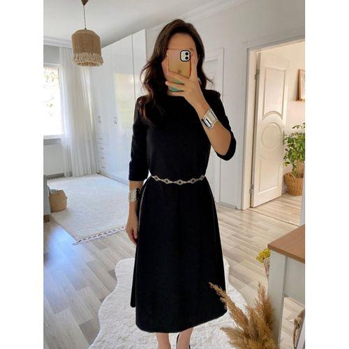 Kadın Uzun Truvakar Kol Bisiklet Yaka Midi Modal Elbise