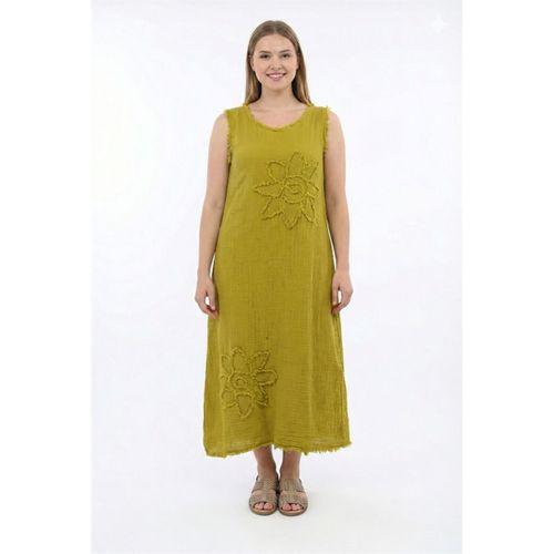 Kolsuz Ferah Bisiklet Yaka Yazlık Otantik Müslin Uzun Elbise Yağ Yeşili Ygysl