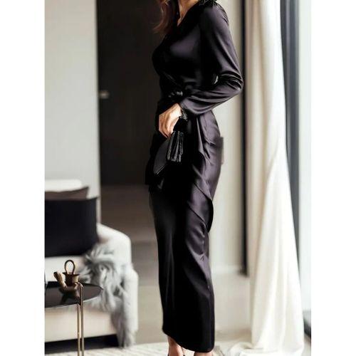 Kadın Uzun Kollu Kruvaze Yakalı Beli Kuşaklı Uzun Saten Elbise