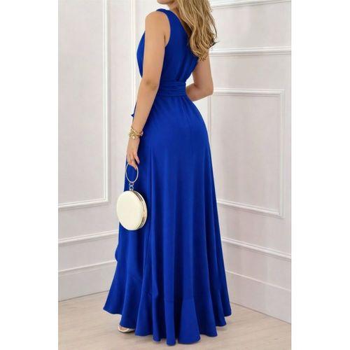 Kadın Askılı Kruvaze Yakalı önü Volanlı Uzun Krep Elbise