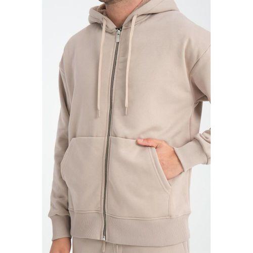 İçi Peluş Üç İplik Kumaş Oversize Fermuarlı Kapüşonlu Sweatshirt - Kum Beji