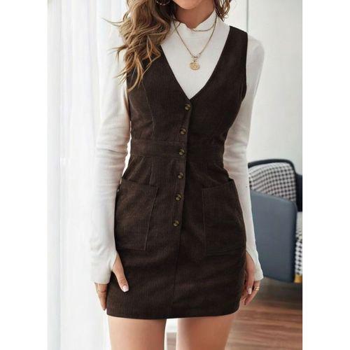 Kadın Askılı V Yakalı önden Düğmeli Mini Kalın Fitilli Kadife Elbise