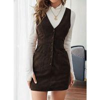 Kadın Askılı V Yakalı önden Düğmeli Mini Kalın Fitilli Kadife Elbise