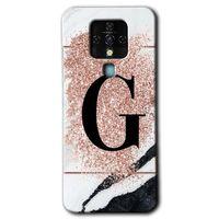 Tecno Camon 16 Kılıf HD Desen Baskılı Arka Kapak+Temperli Cam - Pembe Mermer Desenli G Harfi