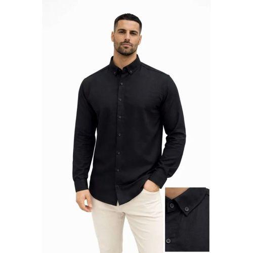 Erkek KETEN Kumaş Oversize Uzun Kollu Rahat Kalıp Gömlek - Siyah