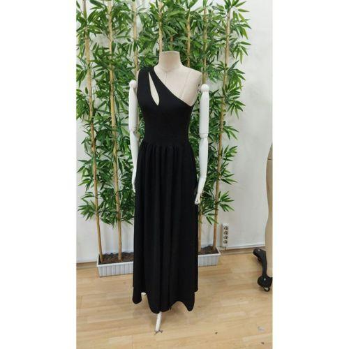 Kadın Omuzlardan Açık Asimetrik Yaka Detaylı Yırtmaçlı Maksi Boy Janjan Krep Elbise