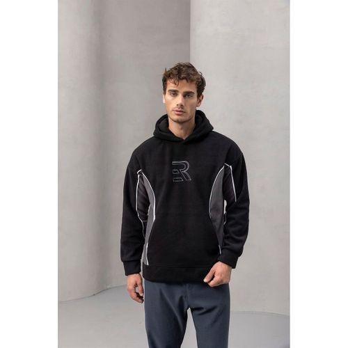 Frank Parçalı Kontrast Desenli Kapüşonlu Oversize Cepli Polar Erkek Sweatshirt - Siyah