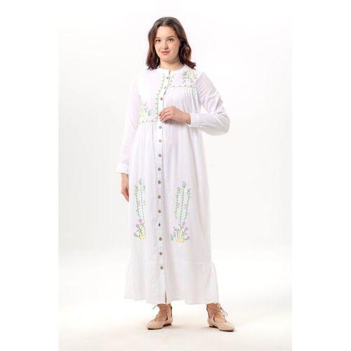 Uzun Kol Neşe Nakış Detaylı Boydan Düğmeli Yazlık Şile Bezi Uzun Elbise Beyaz Byz