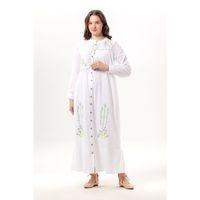 Uzun Kol Neşe Nakış Detaylı Boydan Düğmeli Yazlık Şile Bezi Uzun Elbise Beyaz Byz