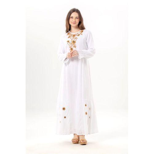 Uzun Kol Aysu Nakışlı Bisiklet Yaka Şile Bezi Yazlık Uzun Elbise Beyaz Byz