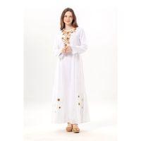Uzun Kol Aysu Nakışlı Bisiklet Yaka Şile Bezi Yazlık Uzun Elbise Beyaz Byz
