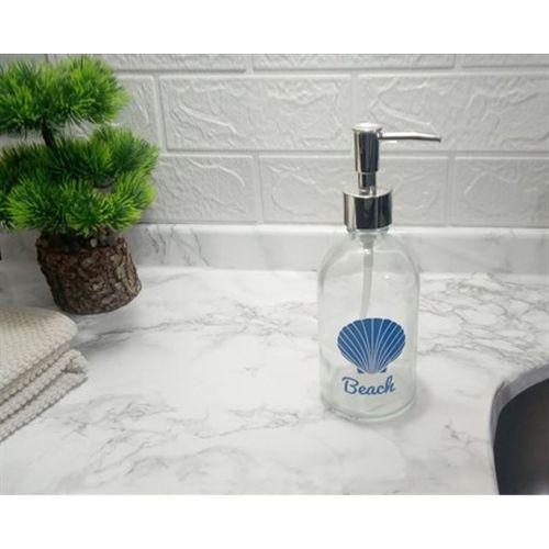 Cam Sıvı Sabunluk,Plaj Yazılı 7X7X20Cm 360Ml Banyo Seti