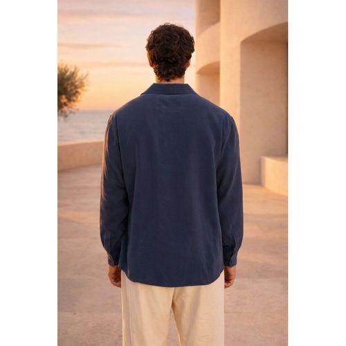 Sartre Apaş Yaka Tek Cepli İnce Modal Kumaş Oversize Yazlık Gömlek - Lacivert