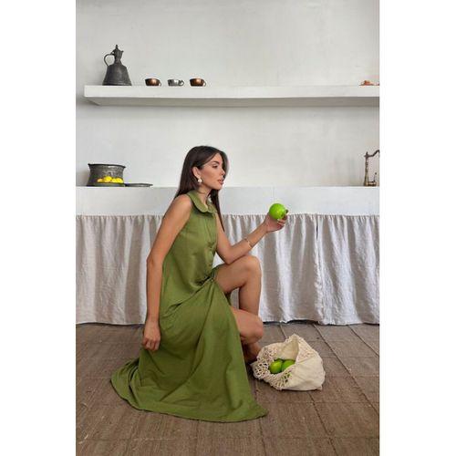 KETEN ÖNDEN DÜĞMELİ KOLSUZ GÖMLEK YAKA ELBİSE - Yağ Yeşili
