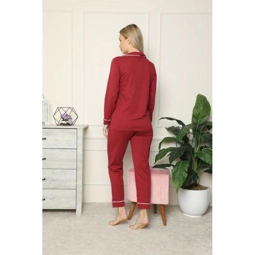 Kadın %100 Pamuk Penye Önden Düğmeli Uzun Kol Pijama Takım Bordo