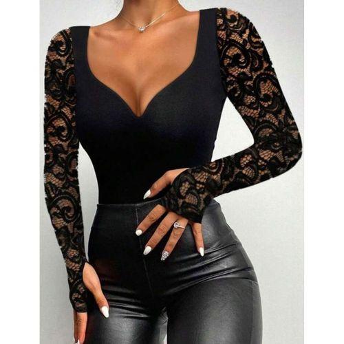 Kadın Uzun Kollu Dantelli Dekolte Detaylı Dalgıç Bluz