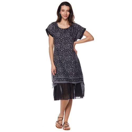 Siyah Çiçek Desenli Vual Midi Elbise-6098
