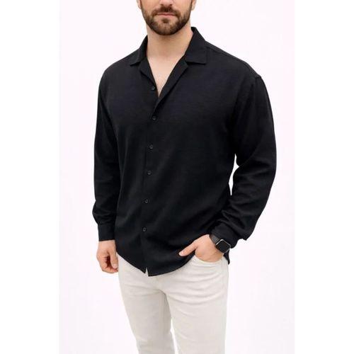 Erkek Aerobin Kumaş Oversize 4 Mevsim Uzun Kollu Rahat Kalıp Gömlek - Siyah