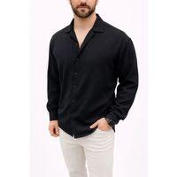 Erkek Aerobin Kumaş Oversize 4 Mevsim Uzun Kollu Rahat Kalıp Gömlek - Siyah