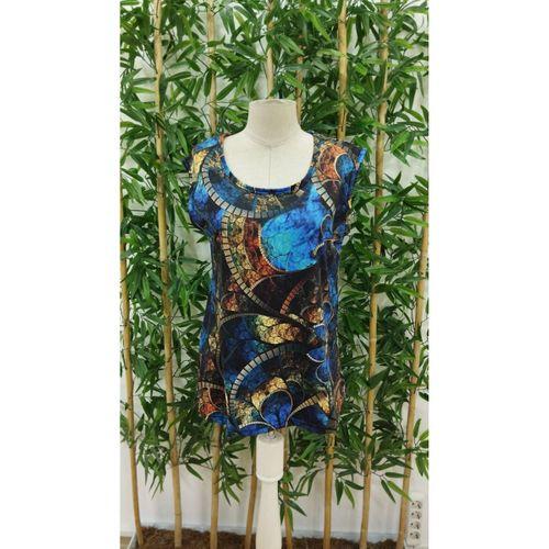 Kadın Sıfır Kol Yuvarlak Yaka Karışık Renkli Baskılı Süprem Bluz