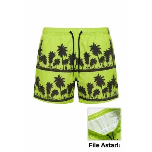 Erkek Deniz Şortu Fermuarlı Cepli File Astarlı Hızlı Kuruyan Premium - Neon Yeşili